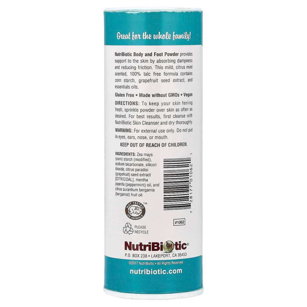 NutriBiotic, Пудра для тела и ног с экстрактом косточек грейпфрута и эфирными маслами, цитрусовая и мята, 113 г (4 унции)