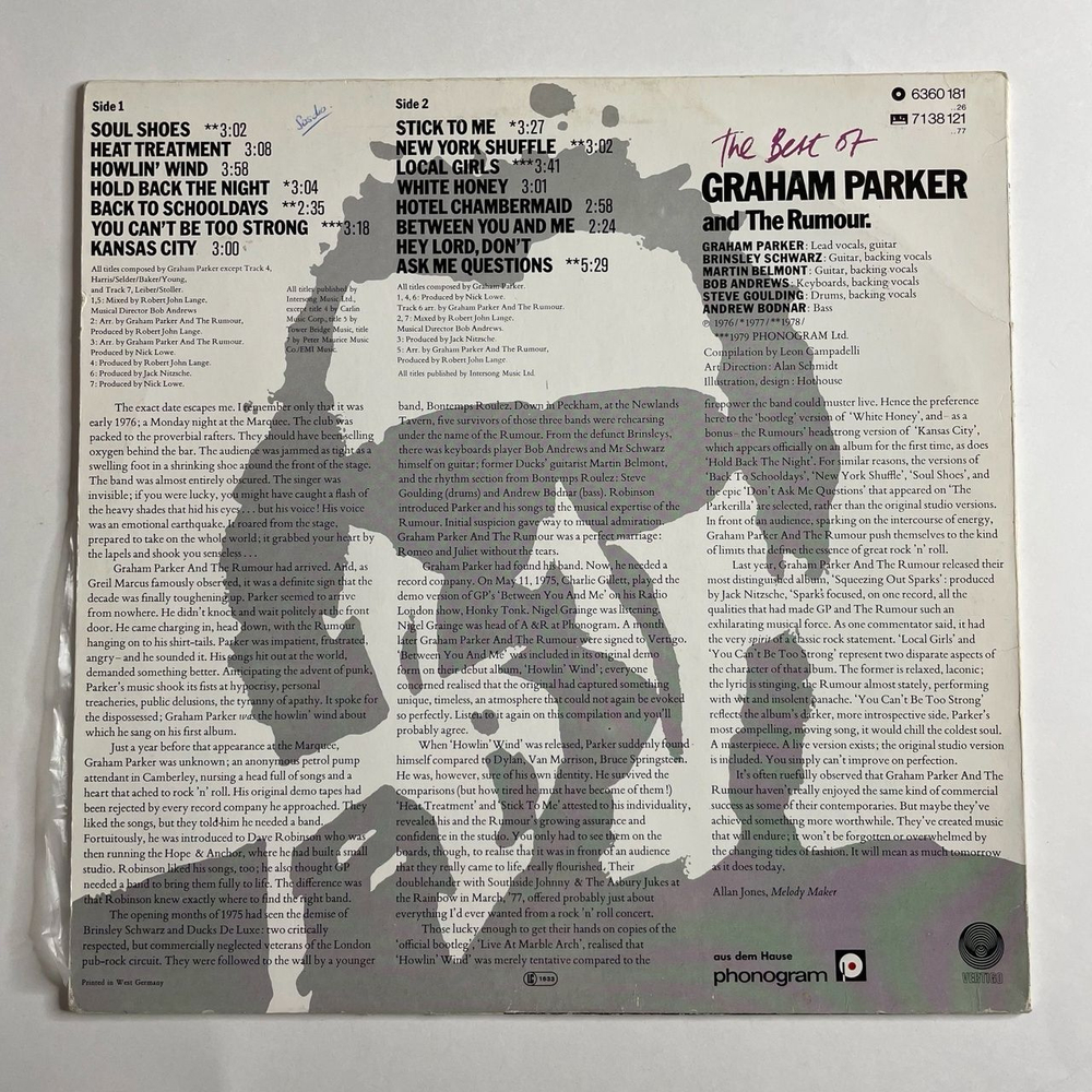 Винтажная виниловая пластинка LP The Best Of Graham Parker And The Rumour (Germany 1980)