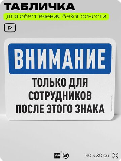Табличка для обеспечения безопасности "Внимание, только для сотрудников после этого знака", для офиса, по охране труда для предприятия, организаций, 40х30 см, Silver Plane x Айдентика Технолоджи