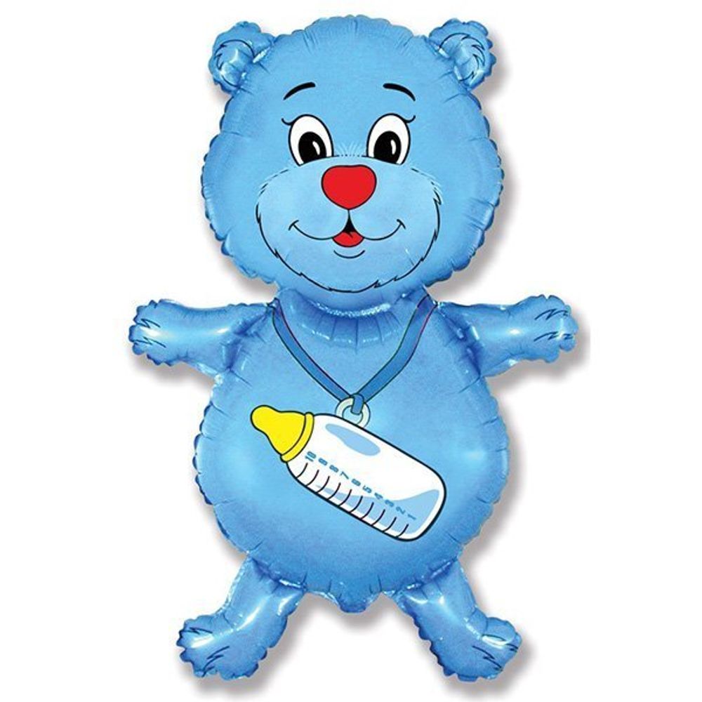 Фигурный шарик из фольги Медвежонок с бутылочкой голубой