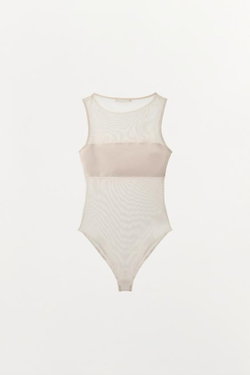 ZARA БОДИ ИЗ КОМБИНИРОВАННОЙ ТКАНИ, ЭКРЮ
