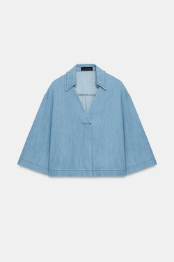 ZARA СВОБОДНАЯ БЛУЗА С V-ОБРАЗНЫМ ВЫРЕЗОМ, СИНИЙ