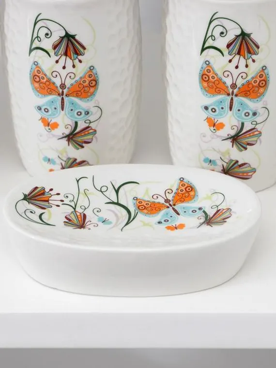 Набор аксессуаров для ванной комнаты Долян «Осенняя бабочка», 4 предмета (дозатор 250 мл, мыльница, 2 стакана)