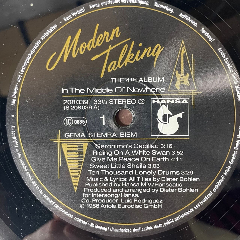 Винтажная виниловая пластинка LP Modern Talking, In The Middle Of Nowhere, The 4th Album (Германия 1986) Riding On A White Swan