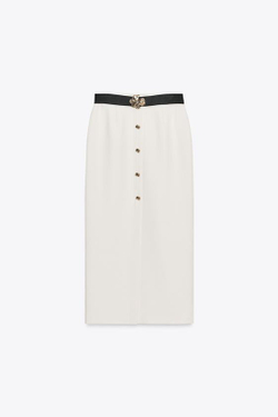 ZARA ЮБКА-МИДИ ИЗ КРЕПА С РЕМНЕМ, ЭКРЮ