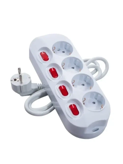 Удлинитель сетевой бытовой c заземлением 1,5м 4 розетки, 16А, 3680Вт защита от детей