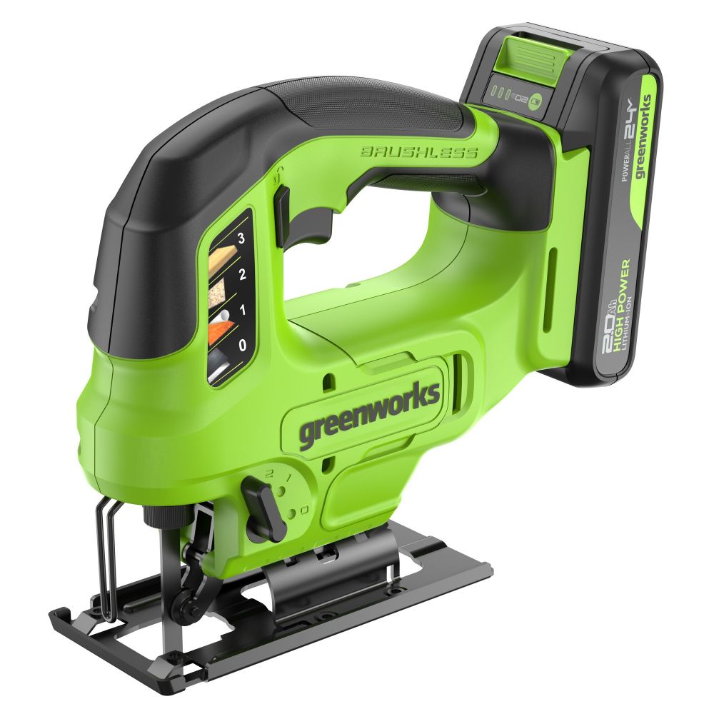 Лобзик акк. Greenworks GD24JS90, 24V, б/щет, 90 мм,0-3000/мин,4 ст.маятник,LED,1х2Ач,ЗУ,кор (3601707CUA)