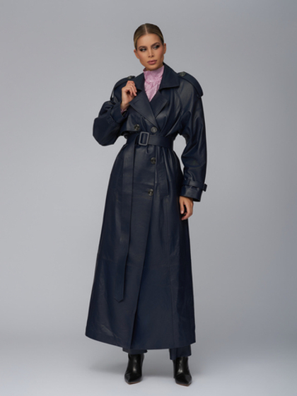 Женский синий кожаный тренч с поясом