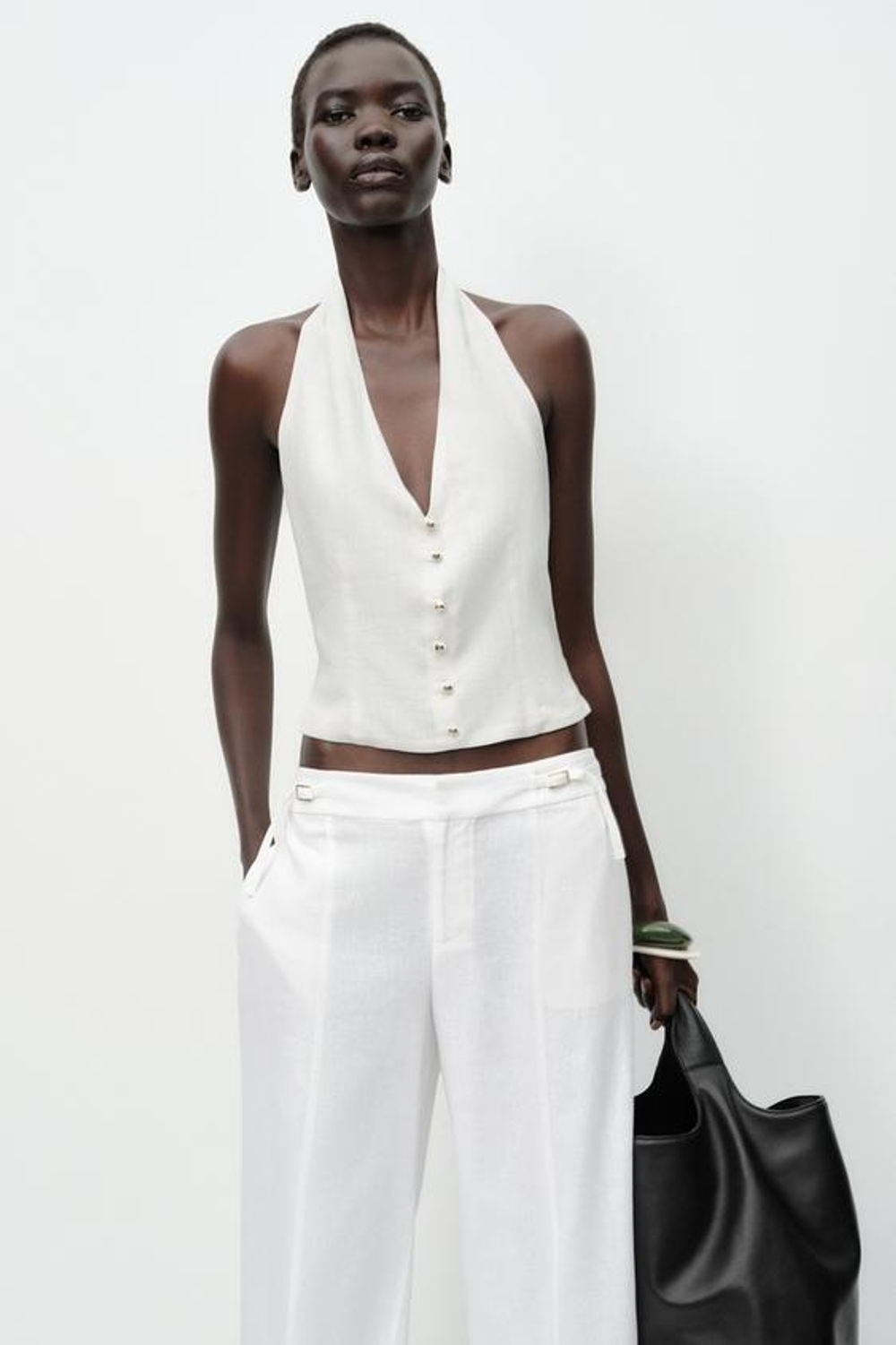 ZARA ШИРОКИЕ БРЮКИ С ПРЯЖКАМИ ИЗ ЛЬНА, БЕЛЫЙ