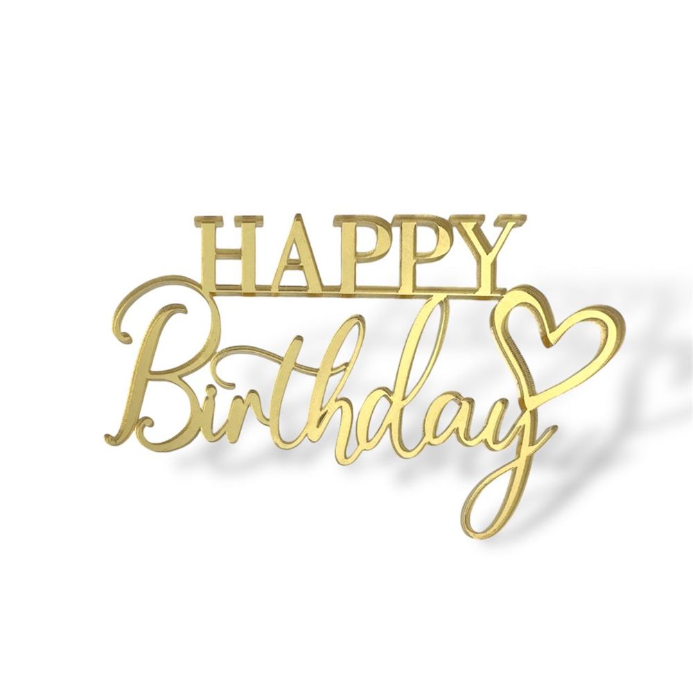 Топпер на торец "Happy Birthday" сердце 12 см акрил золото