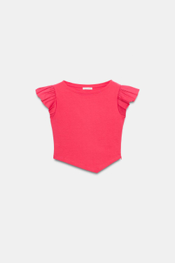 ZARA ФУТБОЛКА С КОРОТКИМИ РУКАВАМИ И ВОЛАНАМИ, ТЕМНАЯ ФУКСИЯ