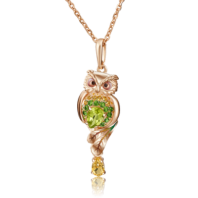 Подвеска «Сова» из красного золота c хризолитом, цитринами, хромдиопсидами и эмалью Артикул: 03-2822-00-710-1110-57
