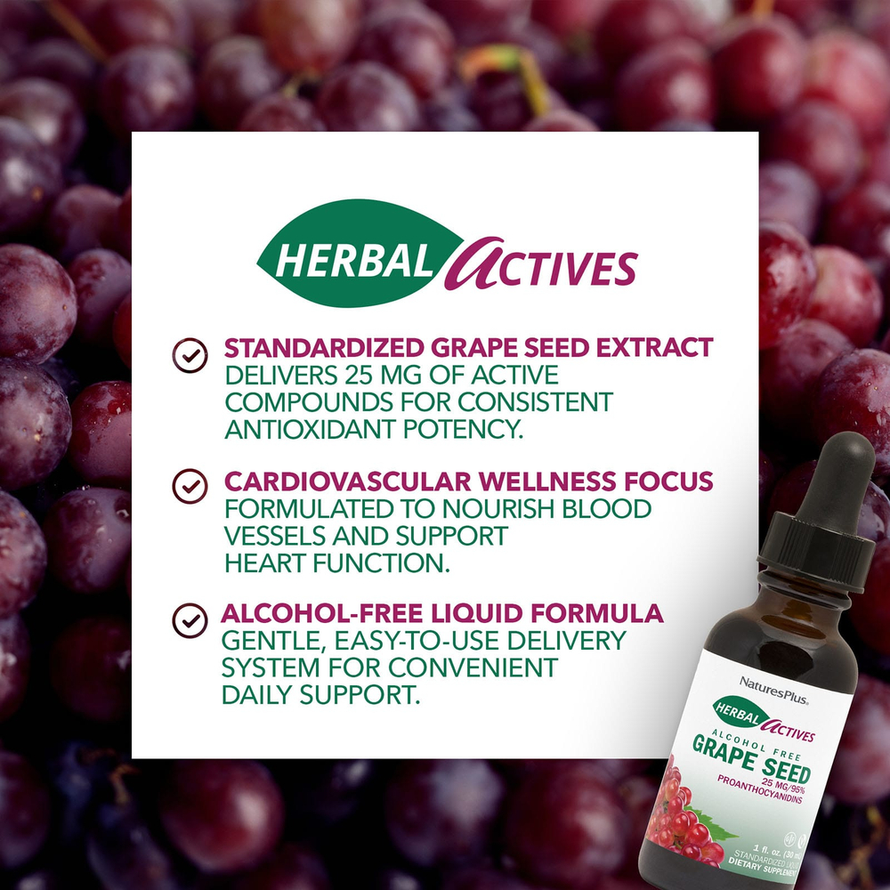 NaturesPlus, Herbal Actives, виноградные косточки, без спирта, 30 мл (1 жидк. унция)