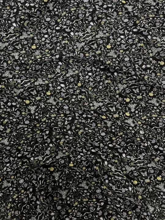 Шифон принт, веточки мелкие сиреневый/белый на черном Моналиса