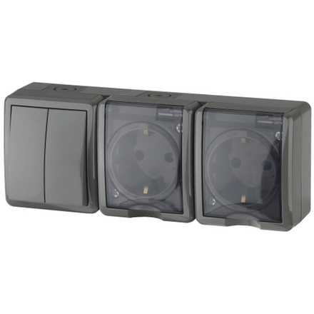 Блок две розетки + выключатель ЭРА Эксперт 11-7404-03 двойной IP54 16A-10AX-250В ОУ серый