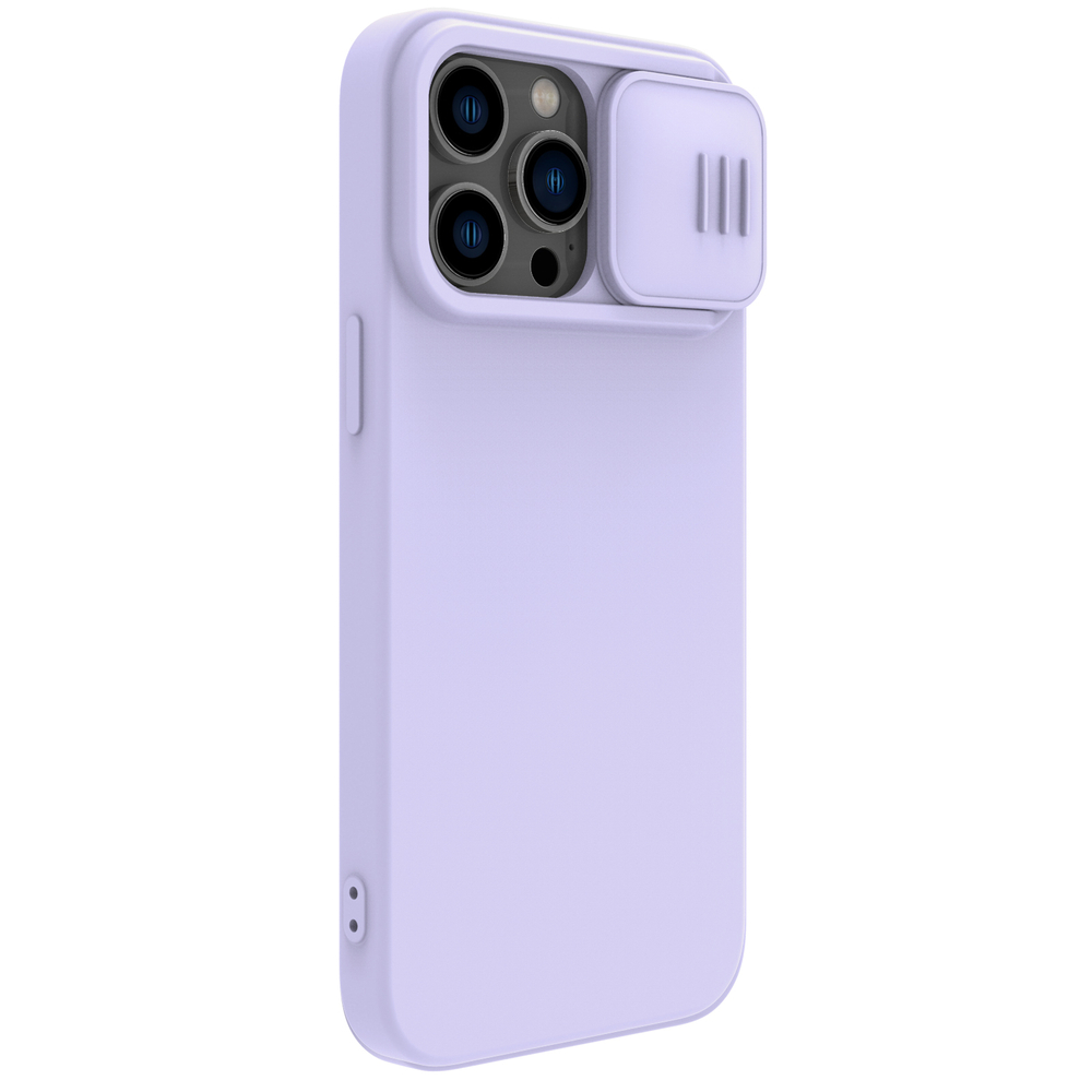Чехол фиолетового цвета (Misty Purple) с шелковистым покрытием от Nillkin для iPhone 14 Pro Max, серия CamShield Silky Magnetic Silicone Case (поддержка беспроводной зарядки MagSafe)