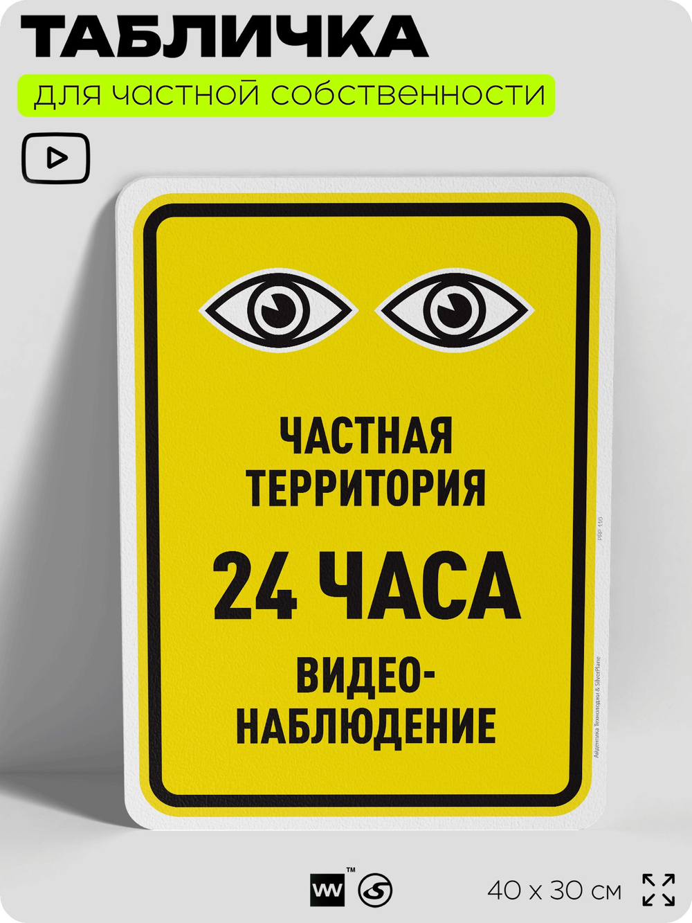 Табличка для частной территории "Частная территория, видеонаблюдение 24 часа", на дом, для участка, организаций, предупреждающая, 40х30 см, Silver Plane x Айдентика Технолоджи