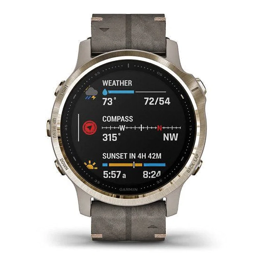 Спортивные наручные часы Garmin Fenix 6s Sapphire золотистый с серым кожаным ремешком 010-02159-40