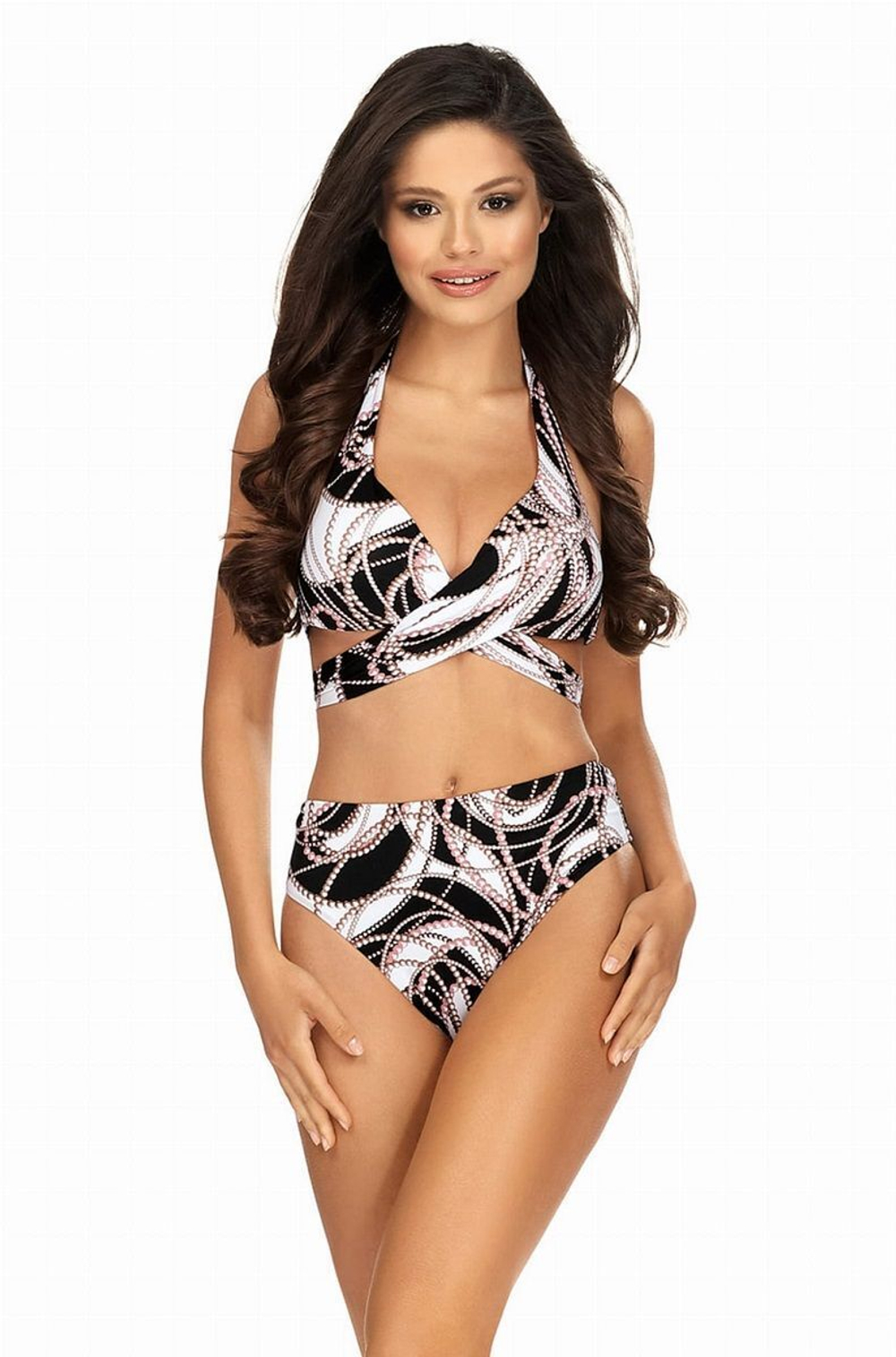 Пуш-ап купальник с рисунком в виде нитей жемчуга (Размер: 80B/40) (Цвет: черный с белым)