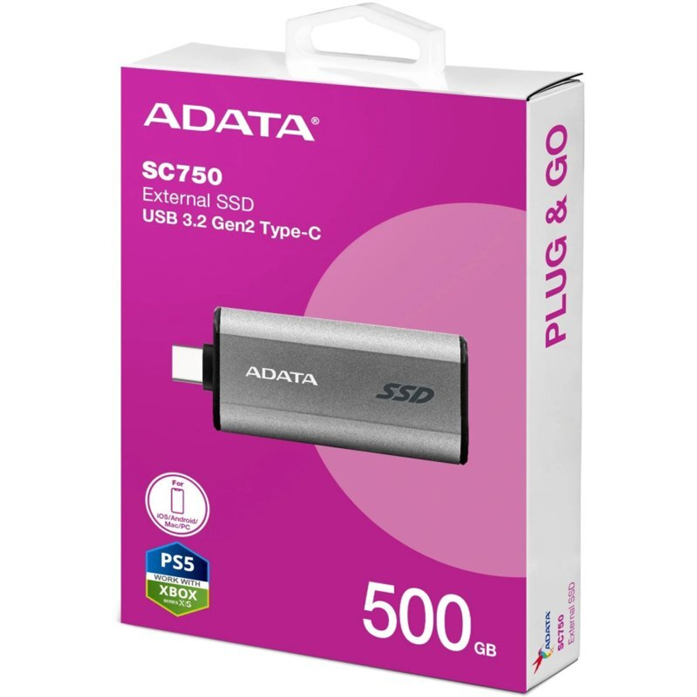 Твердотельный диск 500GB A-DATA SC750, External, USB 3.2 Gen 2 Type-C, [R/W -1050/1000 MB/s] серый