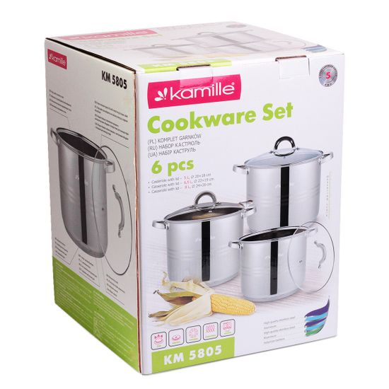 Набор кастрюль 6 предметов (5 л, 6.5 л, 8 л)  из нержавеющей стали Kamille КМ5805
