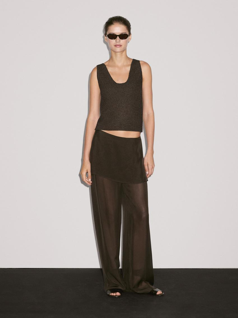 Massimo Dutti Трикотажный топ из смесового хлопка с круглым вырезом, зеленоватый