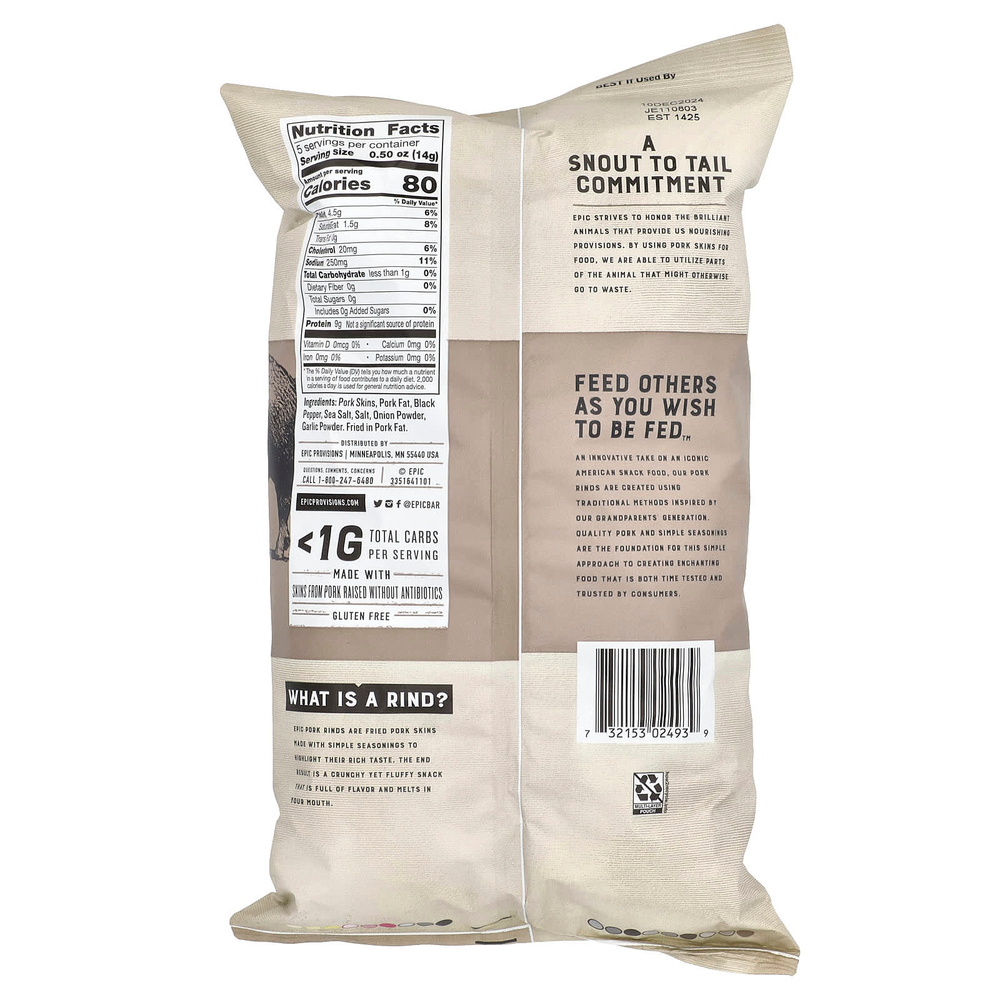 Epic Bar, Свиные шкварки, сделанные вручную, с морской солью и перцем, 70 г (2,5 унции)