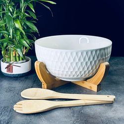 Lenardi 140-049 Набор салатник 25см BAMBOO с 2 ложками на подставке в под.уп.(х8)Фарфор,бамбук