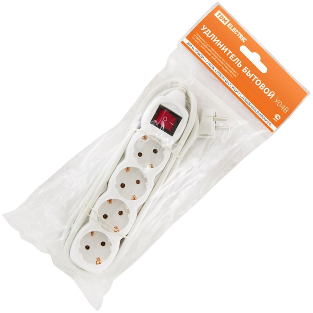 Удлинитель бытовой 4 гн, 3 м, ПВС, 3х1 мм2, с/з, 16 А, выкл, 250 В, TDM, У03В, SQ1303-0111