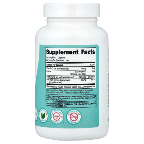 Nutricost, Women, железо с витамином C, фолатом и витамином B12, 180 капсул