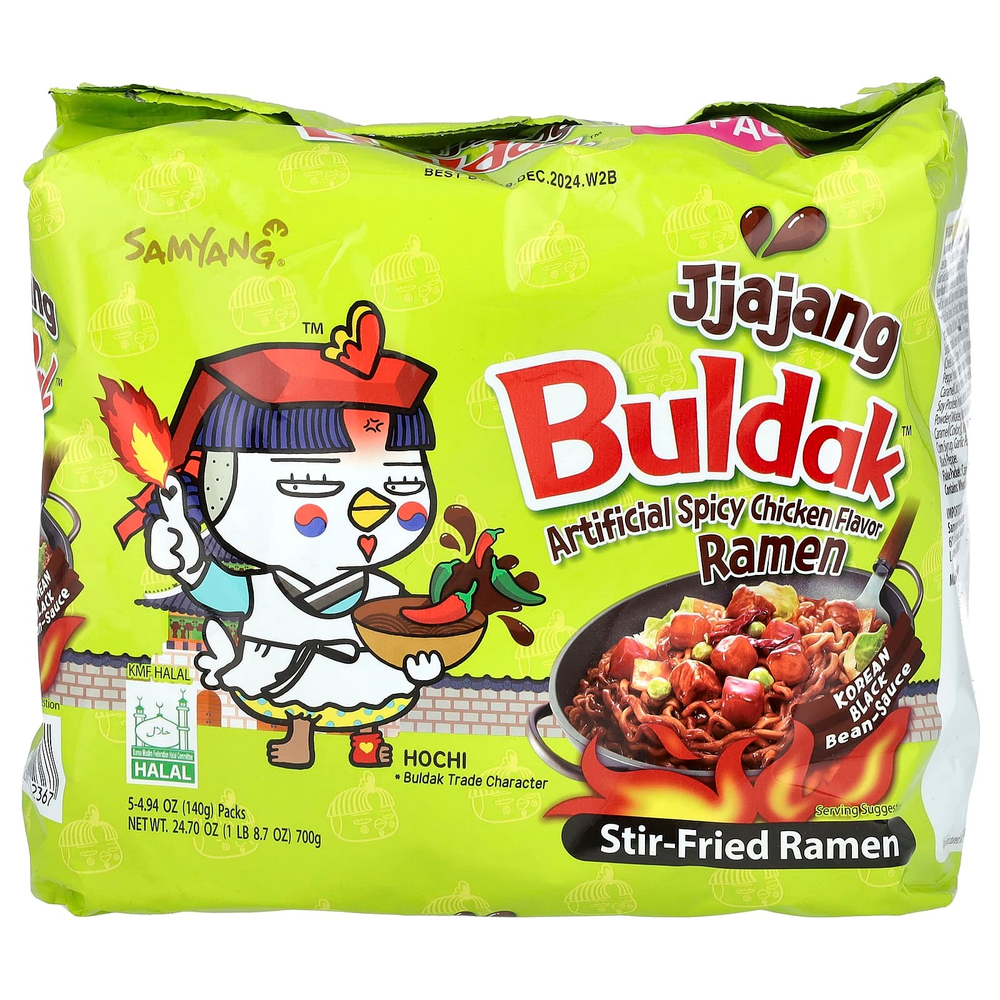 Buldak, Buldak ™, жареный рамен с пряностями из курицы, джаджанг, 5 пакетиков по 140 г (4,94 унции)