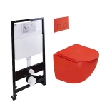Унитаз подвесной с инсталляцией SantiLine SL-5005T-MR+SL-01/MR красный матовый/кнопка красная матовая, безободковый, с крышкой микролифт, слив торнадо
