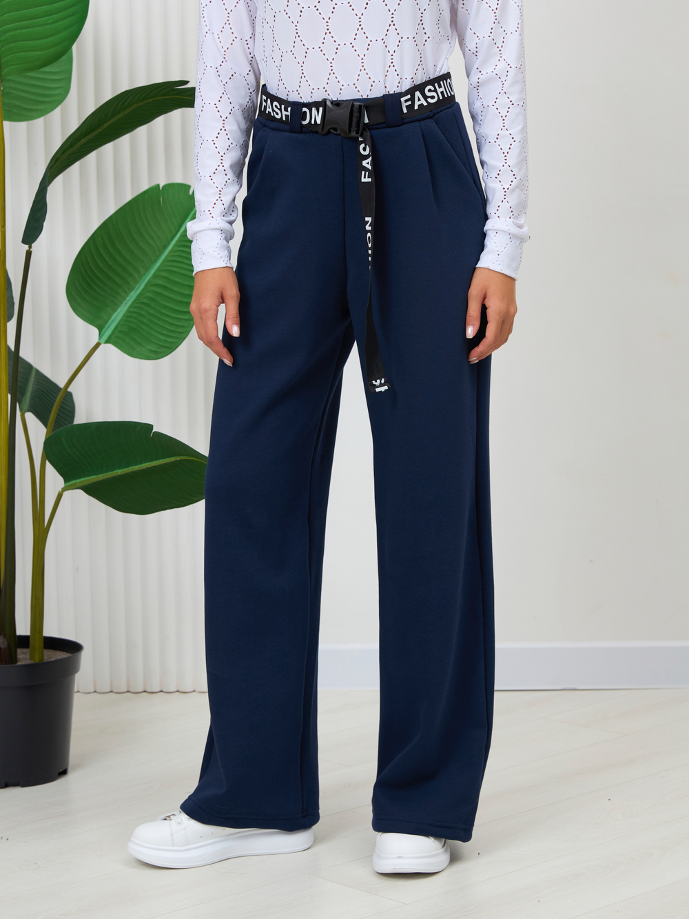 Брюки утепленные для девочки палаццо с ремнем "Fashion" тёмно-синие