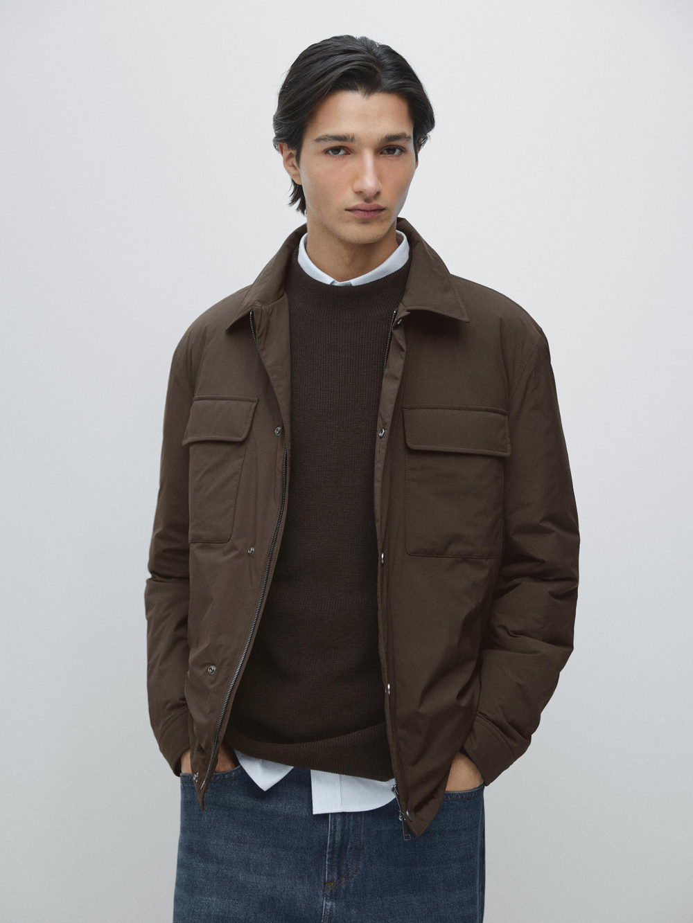 Massimo Dutti Тонкая куртка с воротником и карманами, шоколадно-коричневый