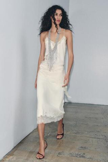 ZARA ТРИКОТАЖНАЯ ЮБКА МИДИ С БУСИНАМИ И КРУЖЕВОМ, ЭКРЮ