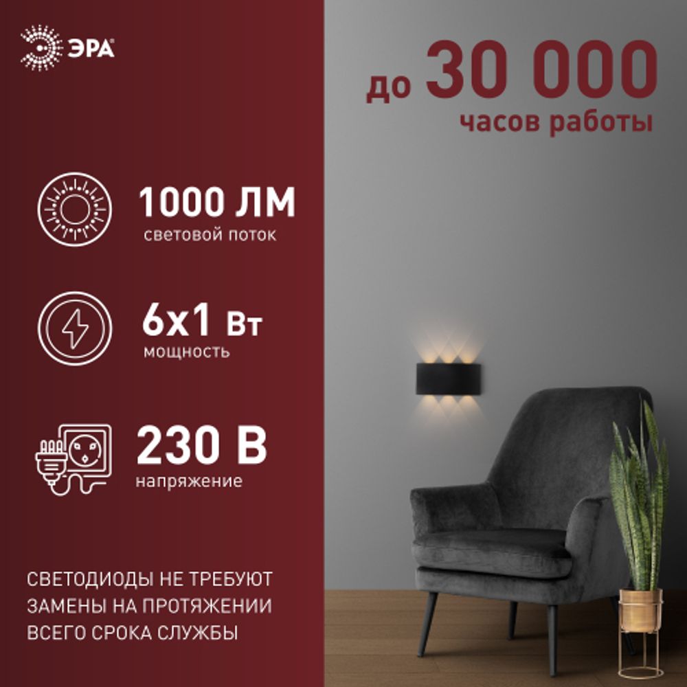 Светильник декоративный настенный светодиодный ЭРА WL12 BK 6х1Вт 3000К IP54 черный для интерьера и фасадов зданий | Фасадная декоративная подсветка