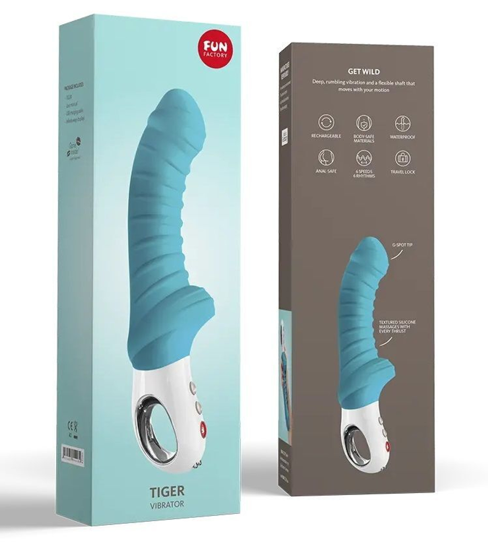 Бирюзовый вибратор с рёбрышками Tiger - 22,3 см. (Цвет: бирюзовый)