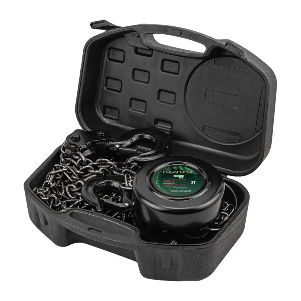 Лебедка механическая подвесная с фиксацией цепи натяжения, 2т (длина цепи - 2.5м) в кейсе RockForce##Rock FORCE RF-TRC9020S BIG