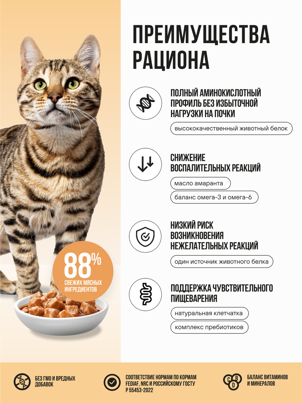 Влажный корм для взрослых кошек с чувствительным пищеварением беззерновой с цыпленком и овощами в соусе BOWL WOW 0,085 г. 12 упаковок