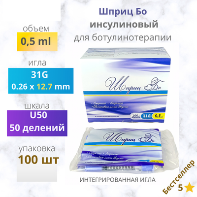 Шприц БО 0,5мл 31G 12.7мм инсулиновый для ботулинотерапии 100шт