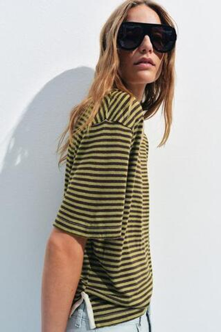 ZARA ФУТБОЛКА В ПОЛОСКУ В СТИЛЕ РУСТИК, КОРИЧНЕВЫЙ/ЗЕЛЕНЫЙ