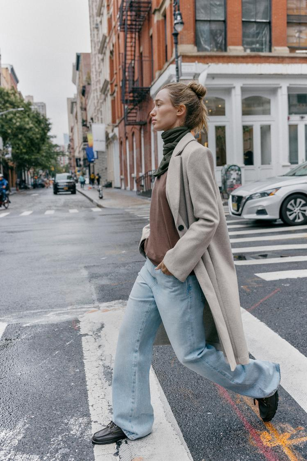 ZARA БАЗОВОЕ ПАЛЬТО ИЗ МЯГКОЙ ТКАНИ, СЕРО-КОРИЧНЕВЫЙ МЕЛАНЖ