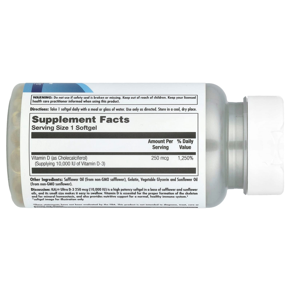 KAL, Ultra D-3, витамин D3, 250 мкг (10 000 МЕ), 90 мягких таблеток