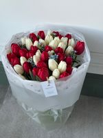 Букет из 51 белых, красных тюльпанов и незабудок - L