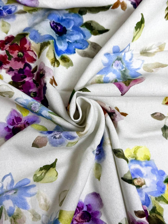 Плательная лен принт цветы голубые/бордо/сиреневый на молочном PHARMA RH#6