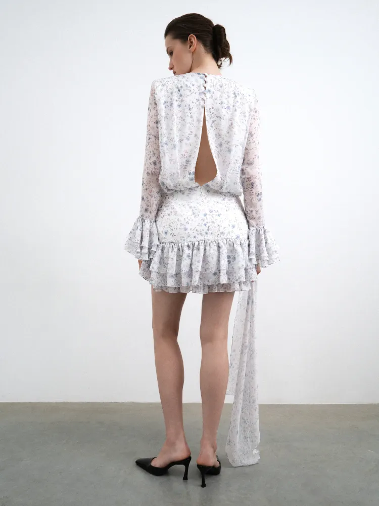 Мира мини (Mira mini), платье мини из молочного шифона с цветочным принтом