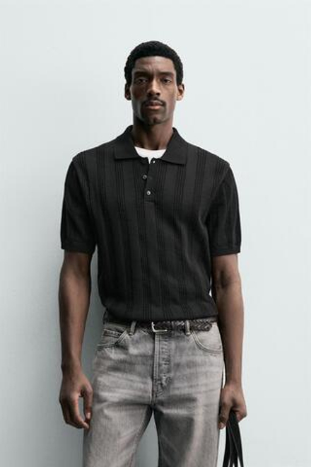 ZARA ПОЛО ИЗ РЕЛЬЕФНОГО ТРИКОТАЖА, ЧЕРНЫЙ
