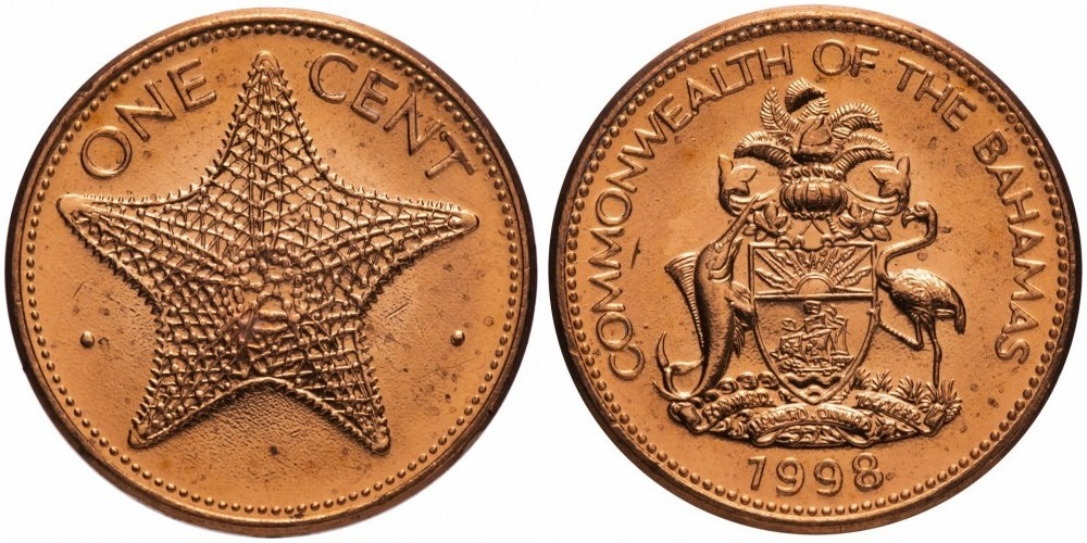 Багамы 1 цент, 1985 - 2004 Морская звезда XF