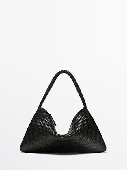 Massimo Dutti Маленькая плетеная кожаная сумка через плечо, черный