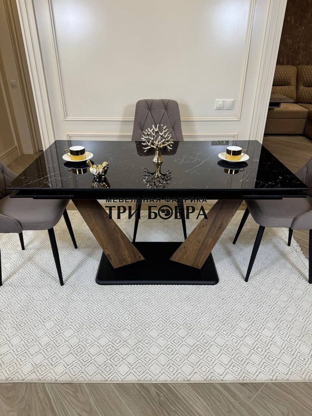 Кухонный раскладной стол "Вирджиния" , черный мрамор и 4 стула ЛОНДОН